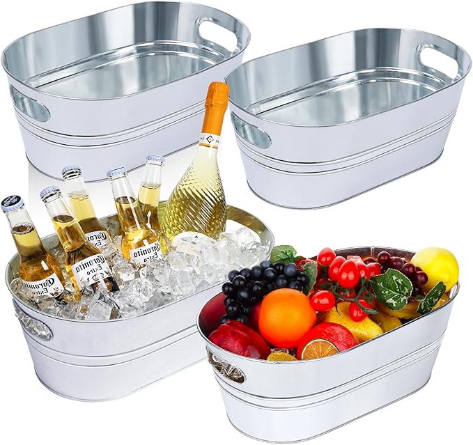 Galvanized Tub 4Pcs Ice Bucket 3 Gallon Beverage Tub Metal Beverage Buckets Ice Buckets for Parties Mimosa Bar Supplies for Beer Champagne Cocktails（Silvery）