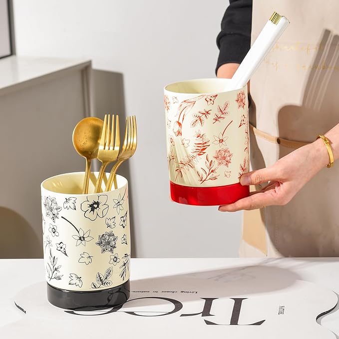 Small Utensil Holder for Kitchen Counter H5.9 x W4.1”, Ceramic Floral Cooking Utensil Crocks Countertop Organizer with Flowers