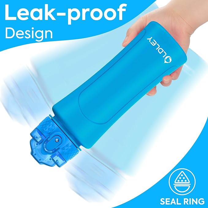 OLDLEY Kids Water Bottle for School with Straw Chug Lid, 15 oz Unbreakable Leak-Proof BPA-Free Motivational Water Bottles with Time Marker for Travel Sports Gym, 2 Lids, Blue