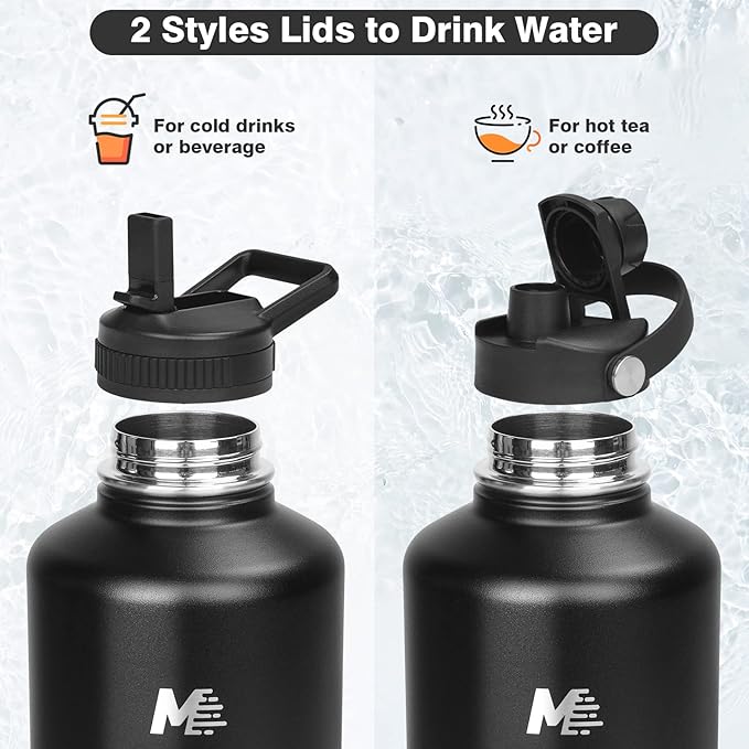 Insulated Water Bottle 64oz with Straw & Spout Lids,Half Gallon Stainless Steel Water Flask Jug with Paracord Handle,Double-wall Insulated Metal Water Bottle for Sports Camping Hiking Trip