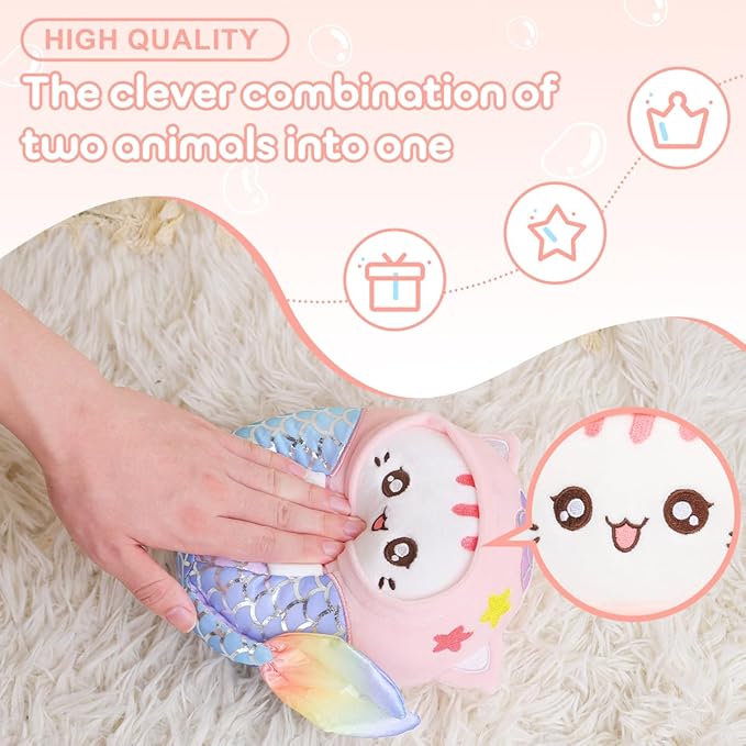 Cute Plush Mermaid Cat Stuffed Animal Pillow, 8" Soft Kawaii Kitten Plushie with Mermaid Outfit Gift for Kids