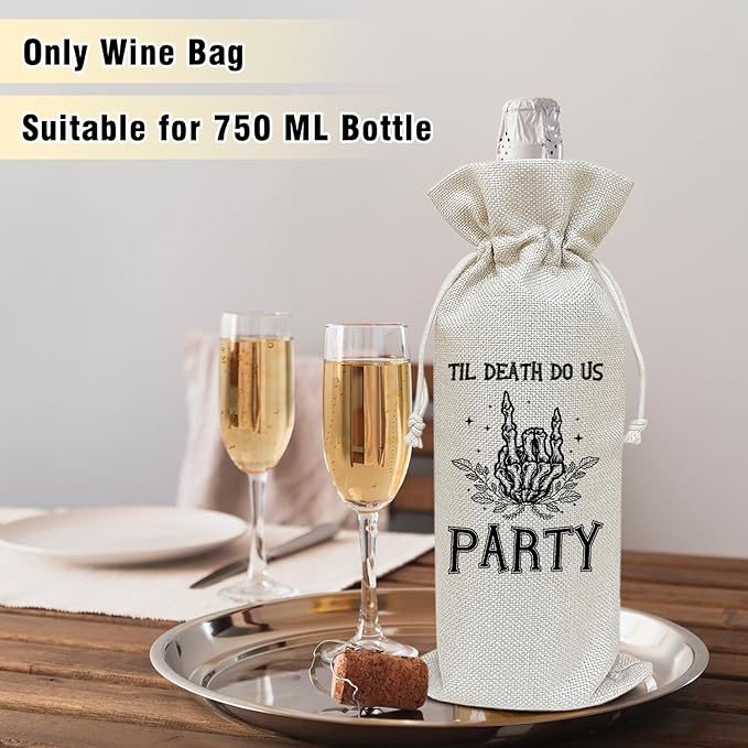 The Death To Us - Wine Canvas Bag, Bachelorette Party Gift for Bride Bridesmaids Gifts Wine Bags for Wine Bottles, Skull Wine Gifts With Drawstring Engagement Bridal Shower Party Decoration -WB16