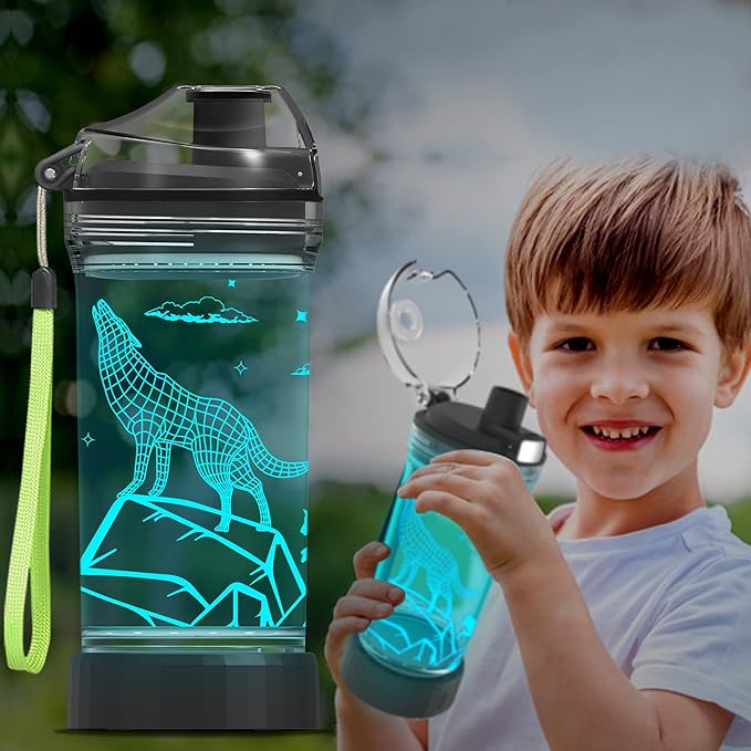 Ammonite Wolf Kids Water Bottle with 3D Glowing LED Light - 14 OZ Tritan BPA Free - Creative Ideal Travel Cup Gift for School Kid Boy Child Holiday Camping Picnic