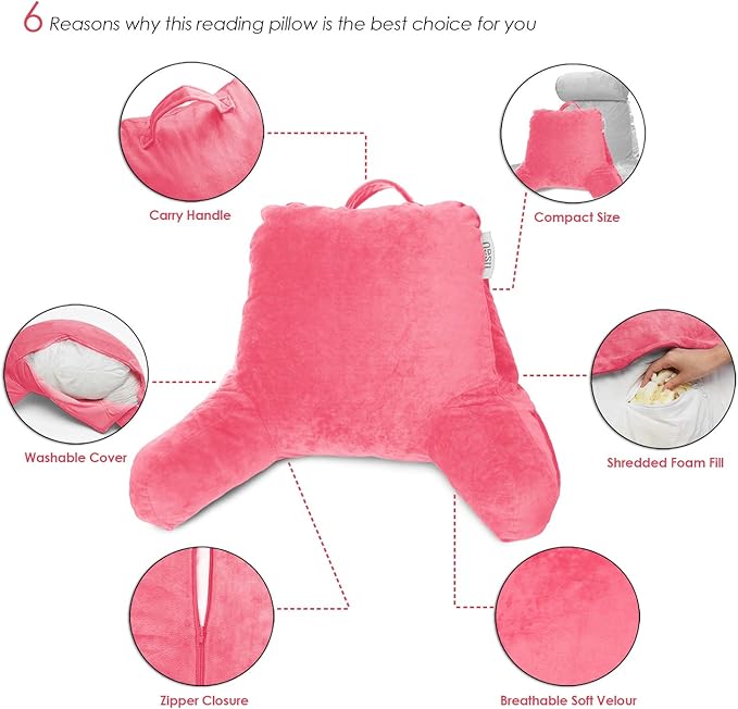 Nestl Reading Pillow for Kids, Small Bed Pillow, Back Pillow for Sitting in Bed, Memory Foam Chair Pillow, Reading & Bed Rest Pillows, Light Pink Back Pillow for Bed, Arm Pillow with Pockets