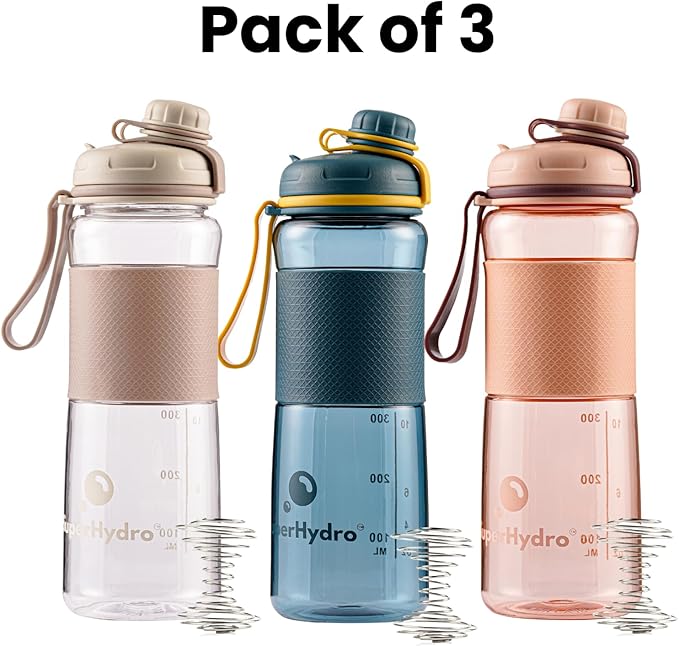 Super Hydro Sport Mixer Bottle [3 PACK] - 20 oz - BPA-Free, Non-Toxic, Durable, Leak Proof, Eco-Tritan Water Bottles Best for Travel, Sports, Hiking, Fitness with Measurement Markers for Men & Women