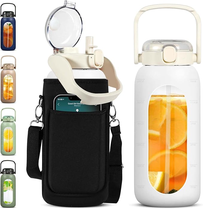 Glass Water Bottles 64 oz - Half Gallon Water Bottle with Straw Phone Holder Handle Time Marker and Silicone Sleeve, Large Motivational Water Jug with Carrier Bag for Daily Intake Gym White