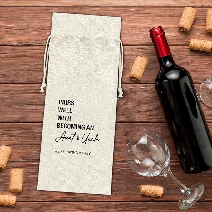 Pregnancy Announcement Wine Bag, Baby Announcements Gifts for New Aunt Uncle, Pairs Well With Becoming Aunt & Uncle Wine Gift Bag