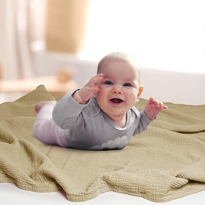 Lulu moon Muslin Quilt Blanket, Crib Blanket for Baby and Toddler,47x47 Inches(Khaki)