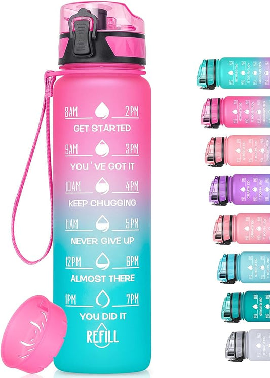 32oz/26oz Motivational Water Bottle with Time Marker & Fruit Strainer, Leak-proof BPA Free Non-Toxic 1l Bottle with Carrying Strap, Perfect for Fitness, Gym and Outdoor Sports, Plastic