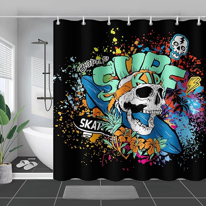 AILONEN Surf Skull Shower Curtain for Bathroom,Colorful Graffiti Flower Art Bathroom Curtain for Kids Boys Girls,Bath Curtain 36" W*72" H Polyester Waterproof Bathroom Curtain with 12 Hooks