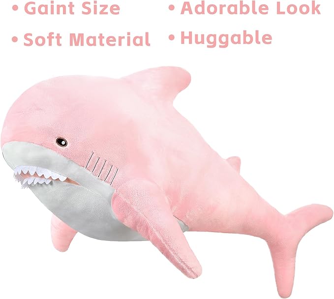 MorisMos Giant Shark Stuffed Animal, Chubby Shark Pillow Baby Shark Plush Toy Cute Stuffed Shark Plush Big Shark Plush Pillow for Kids, Pink, 51in