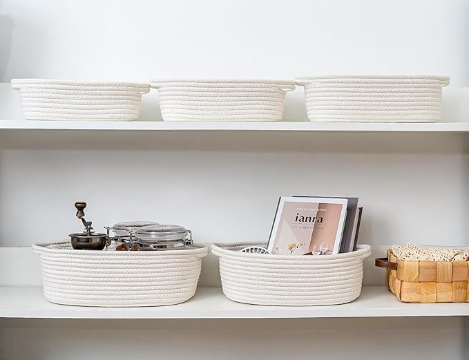 CubesLand Small Shelf Shelves Closet Basket,Back Shool Supplies,Woven Toy Basket Bin for Organizing,Storage Cube Organizer Basket Bin,Dog Cat Toy Basket Box,Over Toilet Storage Basket,White 5-Piece