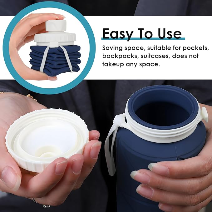 Collapsible Water Bottle 2pcs Foldable Silicone Travel Water Bottle Leakproof Flexible BPA Free Portable,Folding Water Bottle Lightweight for Camping, Hiking,Sports Travel Bottles 23oz
