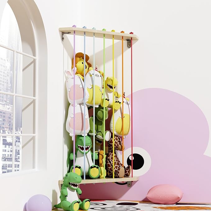 Stuffed Animals Storage for Corner | 4ft Adjustable Large Capacity Wooden Plushies Organizer with Colorful Elastic Cords | Easy Installation | Perfect for Kids' Rooms and Playrooms