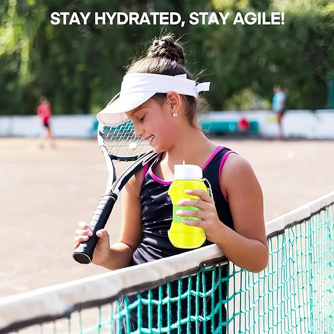 Kids Sports Collapsible Water Bottle | Ball Shaped Drinking Cup | Foldable BPA Free Leakproof Lightweight Silicon Jug | School Lunch Mug Team Gift Travel (Tennis 550ml/18.6oz)