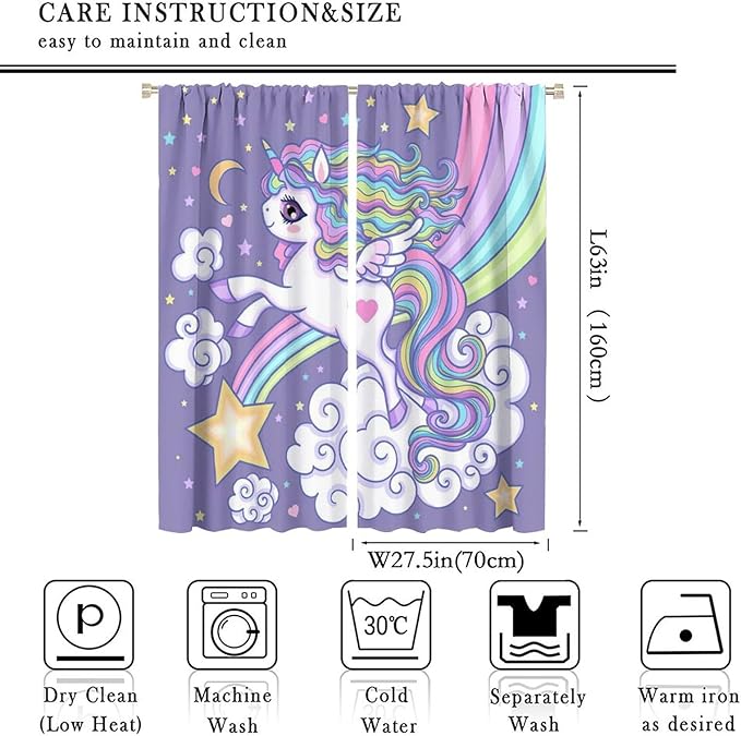 Kids Unicorn Curtains Purple Cartoon Rainbow Cartoon Room Blackout Curtains Boys Girls Baby Room Decor Curtains Living Room Decor 55x63 Inch 2 Panels