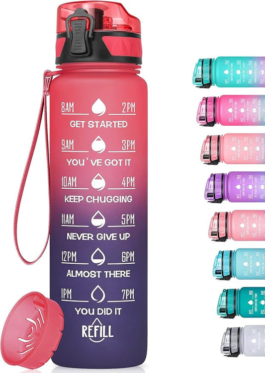 32oz/26oz Motivational Water Bottle with Time Marker & Fruit Strainer, Leak-proof BPA Free Non-Toxic 1l Bottle with Carrying Strap, Perfect for Fitness, Gym and Outdoor Sports,Plastic