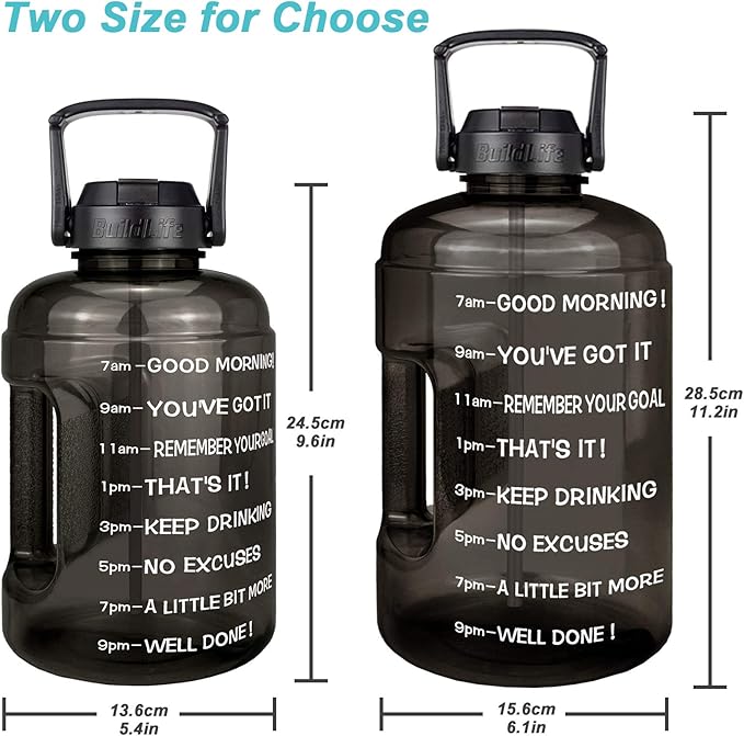 QuiFit Half Gallon Water Bottle - with Straw & Motivational Time Marker Leak-Proof BPA Free Reusable Gym Sports Outdoor Large(73OZ) Capacity Water Jug(Black,Half Gallon)