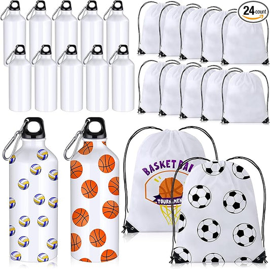 12 Sets 20 oz Sublimation Aluminum Water Bottles and Sublimation Drawstring Bags White Blank Heat Press Sport Bottle with Drawstring Backpack for DIY Craft Travel Camping Hiking Gym Fishing