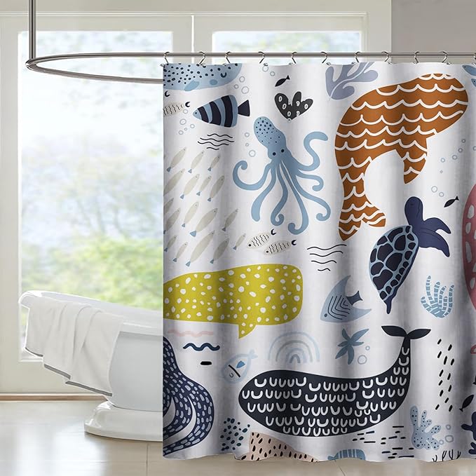 AILONEN Cartoon Dolphin Shower Curtain for Kids 60" W*72" H Inch,Colorful Whales Octopuses Pattern Shower Curtain,Marine Life Theme 12 Pack Hooks Polyester Waterproof Fabric Decor for Bathroom