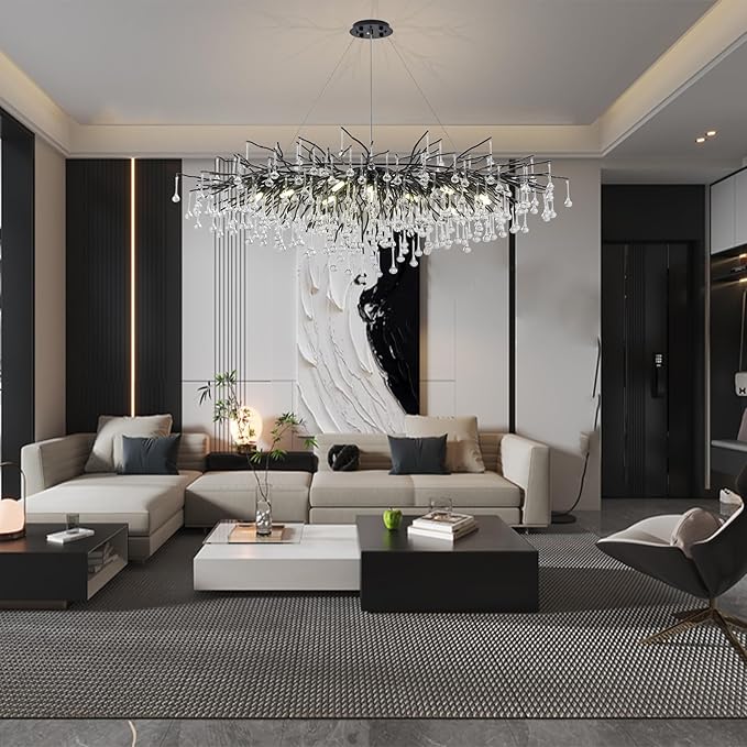 Black Chandelier for Dining Room,L47.24in Rectangular Modern Chandeliers Raindrop Light,Tree Branch Chandelier Light Fixture for Kitchen Island,Entryway 13-Light
