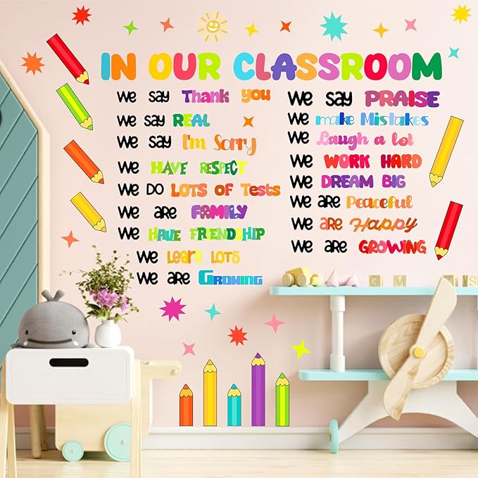 Inspirational Classroom Wall Decals Colorful Quote Motivational Phrase Stickers Crayon Wall Decals Lettering Positive Sayings Wall Stickers for Kids Room Nursery Playroom School Classroom Decor