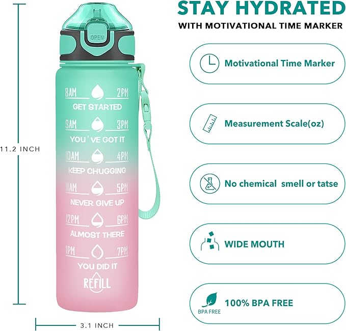 Enerbone 32 oz Water Bottle with Times to Drink and Straw, Motivational Drinking Water Bottles with Carrying Strap, Leakproof BPA & Toxic Free, Ensure You Drink Enough Water for Fitness Gym Outdoor