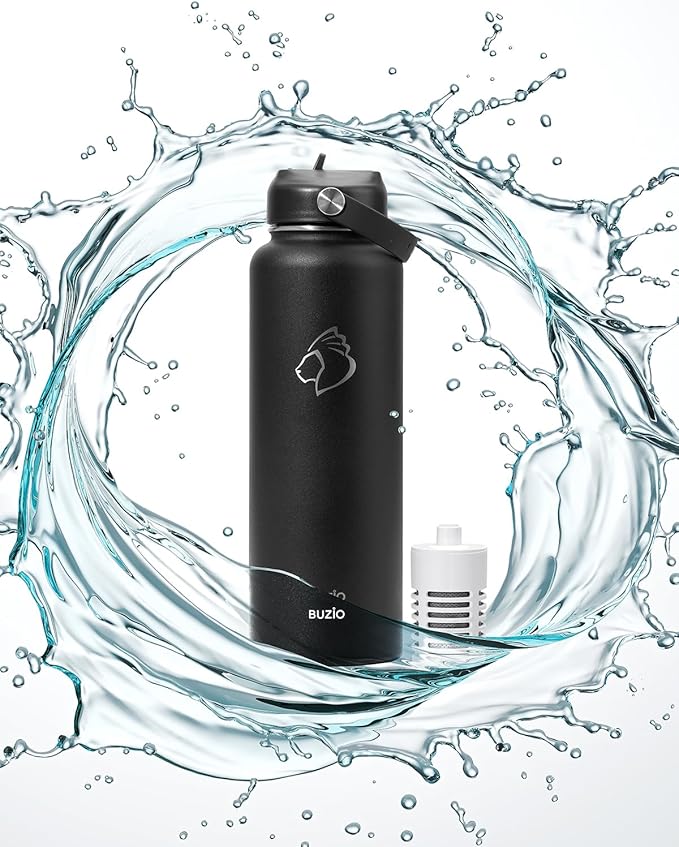 BUZIO 2 Water Bottle Filter Replacements, 2 Carbon Filters for Water Bottles & Tap Water, Duration 6 Months, 96 Gallons, Reusable for Clean Drinking Water On The Go