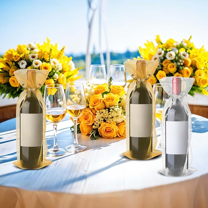 Megitzuu 20 Pieces Organza Wine Bags, 14.6 x 5.5 Inch Wine Gift Bag with Drawstring Sheer Mesh Wine Gift Pouches Bottle Covers for Halloween Christmas Wedding Party Favors (Gold+White)