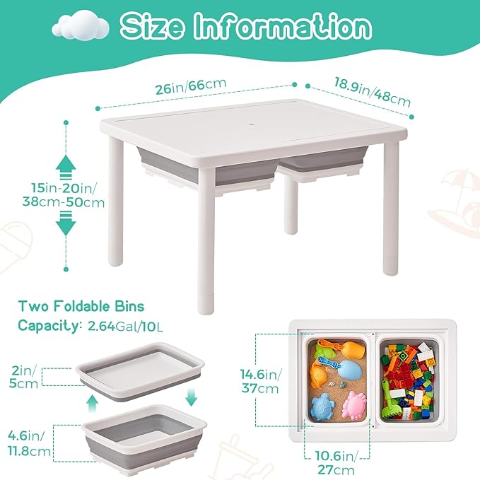 FUNLIO Wooden Sensory Table with 2 Bins for Toddlers 1-5, 3-Level Height Adjustable Kids Sensory Table with Anti-Warping Plywood Lid, Indoor/Outdoor Play Sand and Water Table, CPC Certified, White