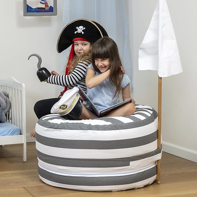 2 Sizes in 1 Stuffed Animal Storage Bean Bag Chair Cover for Kids & Adults | Washable XL Stuffie Seat | 100% Cotton | Pouf Organizer for Plush Toys, Linens, Quilts & Pillows | Royal Grey