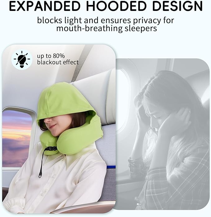 Travel Pillow with Hood for Airplane, 100% Pure Memory Foam Hooded Neck Pillow for Traveling, Car, Office, Soft, Machine Washable, Easy Storage, Green