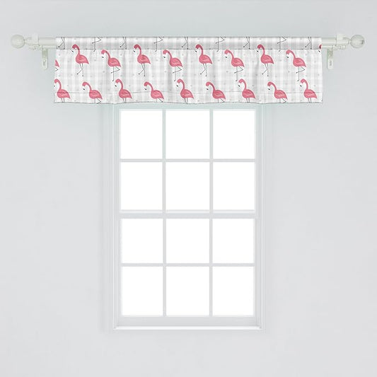 Ambesonne Pink Flamingo Window Valance Pack of 2, Cartoon Birds on Pastel Colored Checkered Background Wild Nature, Rod Pocket Curtain Valances for Kitchen Bedroom, 54" X 12", Coral Grey