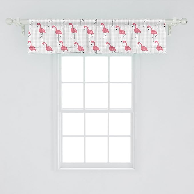 Ambesonne Pink Flamingo Window Valance, Cartoon Birds on Pastel Colored Checkered Background Wild Nature, Curtain Valance for Kitchen Bedroom Decor with Rod Pocket, 42" x 12", Pale Grey Coral Black