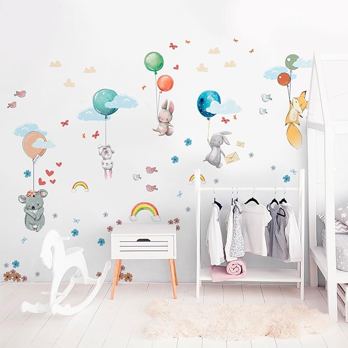 Hot Air Balloon Wall Decals for Kids by Lipastick –Cartoon Animals Wall Decals for Girls Boys Kids Baby - Animal Wall Stickers for Nursery Room Bedroom - Raccoon Fox Koala Panda S Size