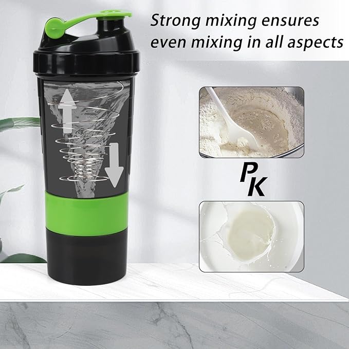 Shaker Bottle - Protein Shaker Cup with Storage Compartments - Leak-proof Workout Shake Bottles with Mixer for Smooth Mixing-500ML/16oz (GREEN & BLACK)