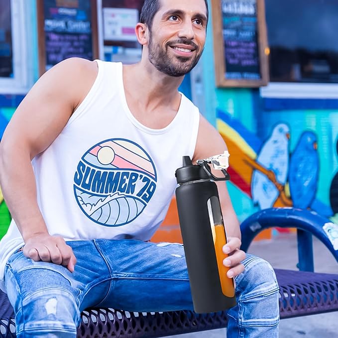 Kodrine Water Bottle with Soft Straw and Carry Loop, 32 oz Glass Water Bottle with Locking Lid, Clear Water Bottles Sports, Drinking Bottle for Travel Home Gym, Leakproof(Black)