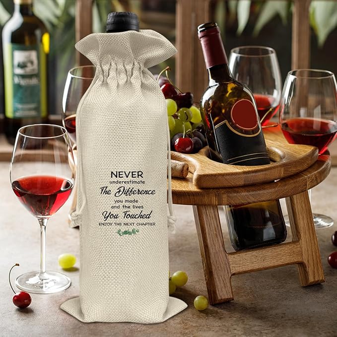 HOIJAUMAI Goodbye Gift for Coworkers, Retirement Gift Wine Bag, Retired Gifts for Men Women, Going Away Goodbye Farewell Gifts for Coworker Friends, Enjoy The Next Chapter Burlap Drawstring Wine Bag