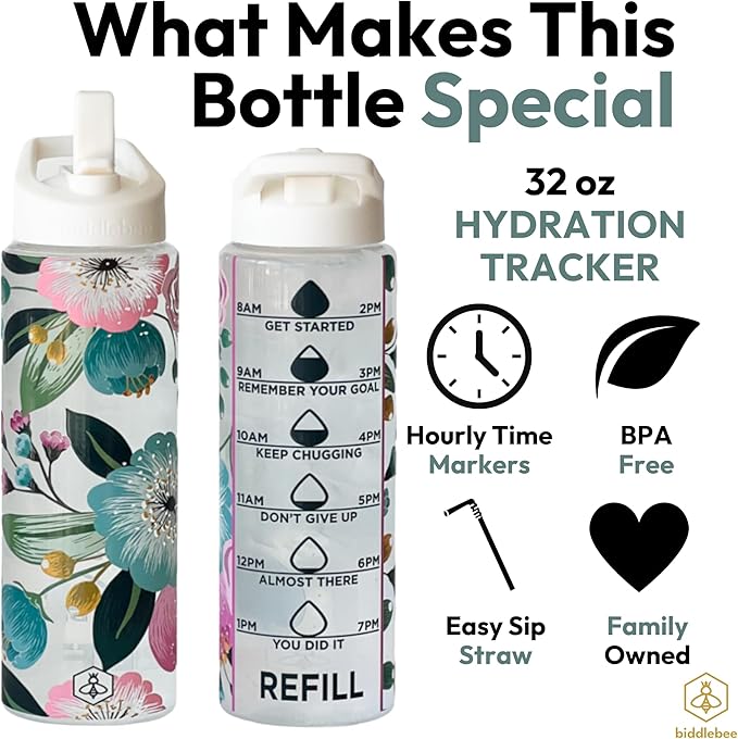 Biddlebee 32oz. Hydration Tracker Water Bottles with Times To Drink | Big Motivational Water Bottle with Time Marker, Straw Lid, & Measurements | BPA-Free (Pretty Flowers)