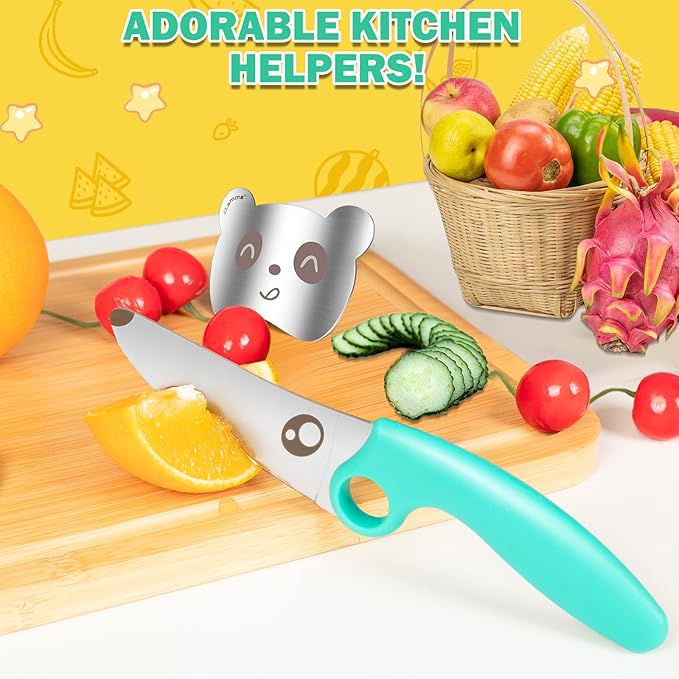 Kids Knife Set for Real Cooking with Educational Ring & Adjustable Apron & Chef Hat- Children Training Knife with Educational Ring-Blue