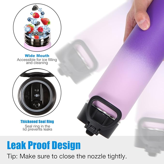 Volhoply 24 Ounce Insulated Water Bottle With Straw Lid,Stainless Steel Wide Mouth Sport Bottles With Handle,Double Wall Vacuum Thermos keep Cold,Reusable Travel Thermal Cups For Holder(Lavender,1)