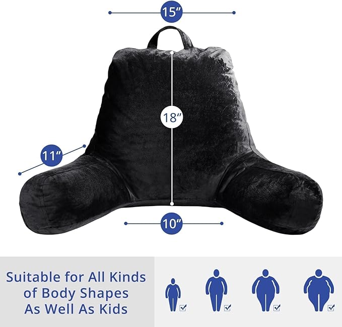 Sasttie Reading Pillow for Sitting in Bed Adult, Velvet Back Pillow for Bed Sitting Up, Backrest Back Support Chair Pillow, College Dorm Essentials for Girls and Boys, Black