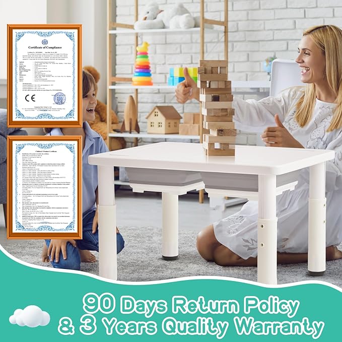 FUNLIO Wooden Sensory Table with 2 Bins for Toddlers 1-5, 4-Level Height Adjustable Kids Sensory Table with Anti-Warping Plywood Lid, Indoor/Outdoor Play Sand and Water Table, CPC Certified, White
