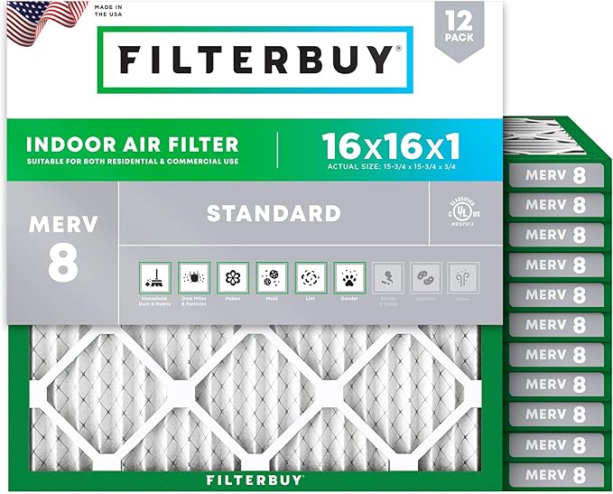 Filterbuy 16x16x1 Air Filter MERV 8 Dust Defense (12-Pack), Pleated HVAC AC Furnace Air Filters Replacement (Actual Size: 15.75 x 15.75 x 0.75 Inches)