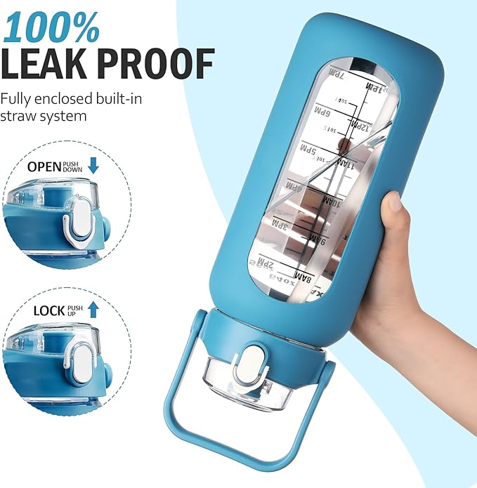 64 oz Glass Water Bottle with Straw and 2 Lids, Half Gallon Water Bottle with Sleeve, Large Insulated 2 Liter Glass Water Jug Time Marker with Handle - Steel Blue