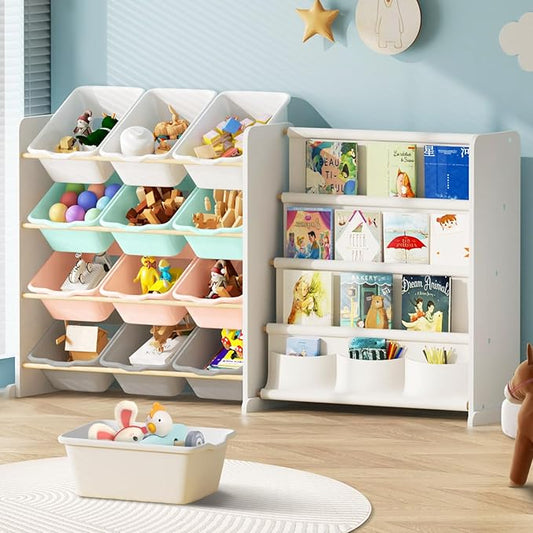 Kids Toy Storage Organizer - Toy Organizer with Kids Bookshelf, Toy Storage with 12 Toy Multi-color Bins and 4 Book Shelves, Toy Organizers and Storage for Playroom, Nursery, Kids Room, White