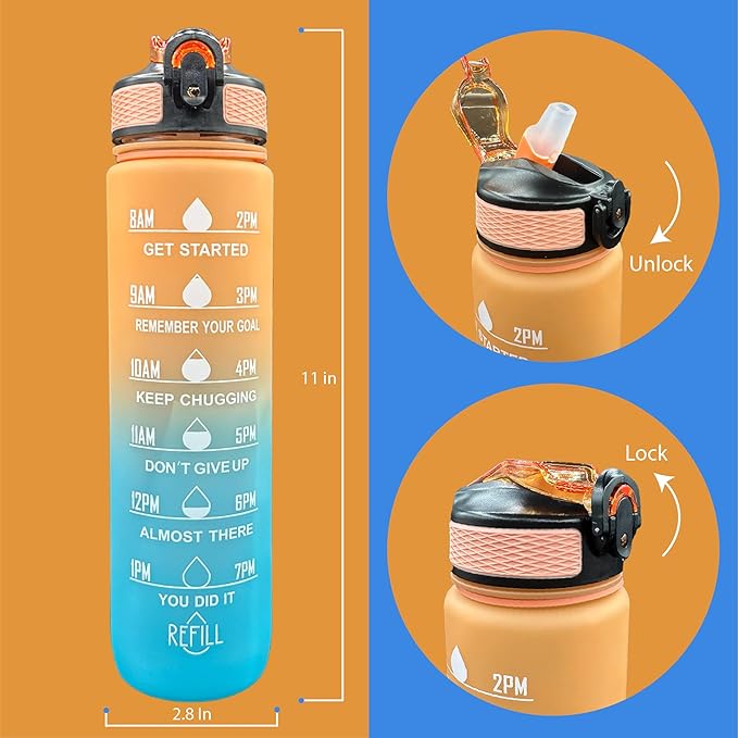 Yaa Fresh Water Bottles, 32oz Motivational Sports Water Bottle with Time Marker - Times to Drink - Tritan, BPA Free, Wide Mouth Leakproof, Fast Flow Technology with Clean Brush (1 Pack) (Blue-Orange)