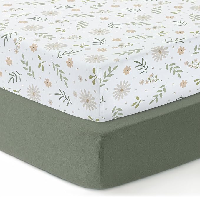 Mini Crib Fitted Sheet, 100% Cotton Knitted Jersey, Pack n Play Sheet, Breathable, Fitted Crib Sheets, Super Soft, Toddler Fitted Sheet,2 Pack,Green/Flowers, 38x24x6