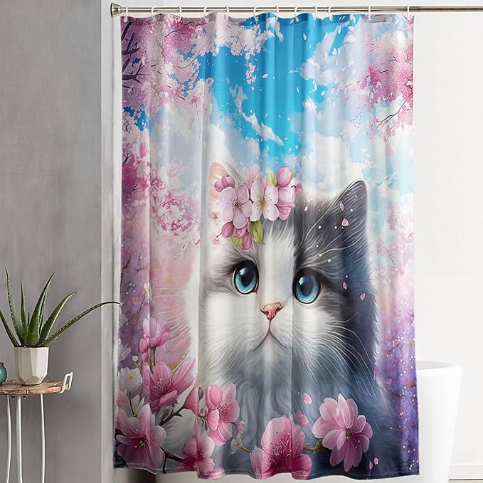 AILONEN Lovely Cat Shower Curtain Set, Pink Cherry Blossom Waterproof Fabric Shower Curtain for Kids Boys Girls,Fat Kitty Cloth Shower Curtain for Bathroom,72" W*78" H