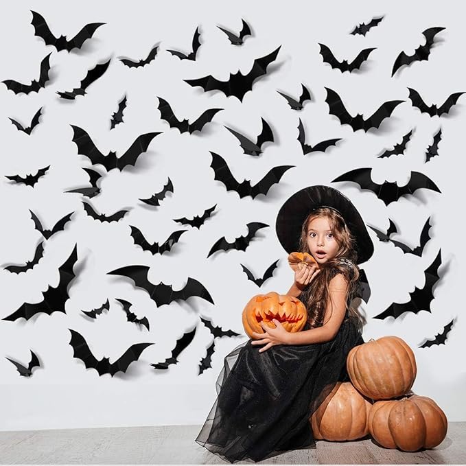 Halloween Wall Stickers 60 Pcs Bat Wall Decals Removable Bats Wall Decor Halloween Bat Window Stickers for Wall Glass Mirror Living Room Home Bathroom Kitchen School Halloween Decoration Clearance